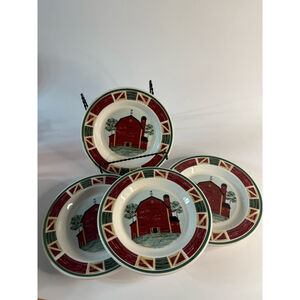 Tien Shan Stoneware Prairie Red Barn Plates Set of 4